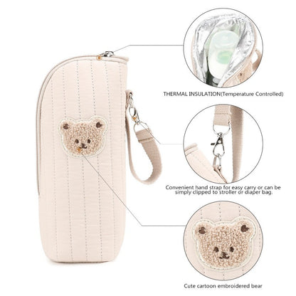 Cute Bear Design Baby Bottle Tote Bag with Aluminum Foil Insulation Bags Water Bottle Thermal Storage Pouch with Stroller Hook