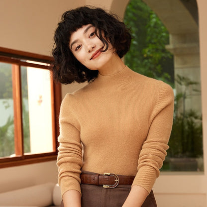 Autumn and winter new women's 100% pure cashmere semi high neck pullover sweater knitted slim fit hot selling women's top