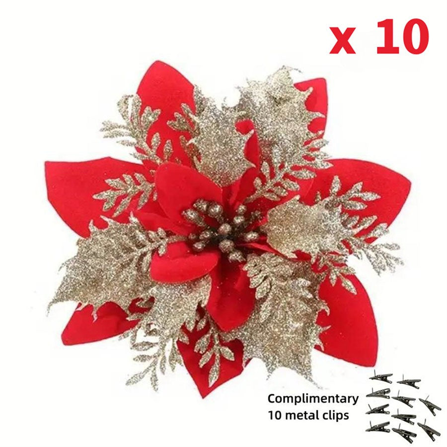 10pcs 14cm Glitter Poinsettia Christmas Artificial Flowers with Clips DIY Xmas Tree Ornaments Wreath Fireplace Decorations
