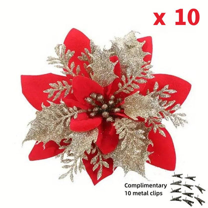 10pcs 14cm Glitter Poinsettia Christmas Artificial Flowers with Clips DIY Xmas Tree Ornaments Wreath Fireplace Decorations