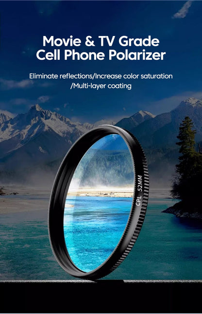 Filtro CPL Universal 52 mm com clipe para celulares iPhone Samsung