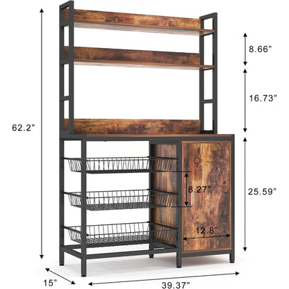 Armário de Cozinha com Cesto e Porta, Suporte de Micro-ondas Industrial, Prateleira de Armazenamento, Carrinho de Cozinha Independente