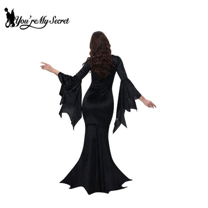 [You're My Secret] Halloween Morticia Adams Primate Black Adams Family Dress Retro Gothic Flared Sleeve Fishtail Dress Vestido