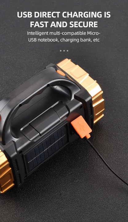 Portable Powerful Solar LED Flashlight With COB Work Lights USB Rechargeable Handheld 4 Lighting Modes Outdoor Solar Torch Light