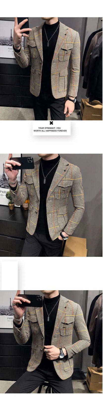 Spring plaid men's jacket British style wedding host business casual suit jacket men's formal  mens blazer Slim fit jacket
