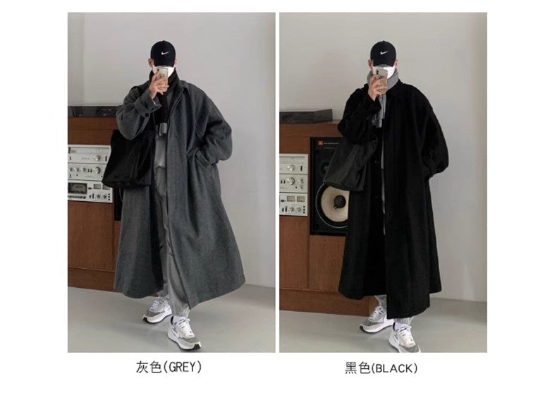 Mauroicardi Autumn Winter Long Warm Grey Black Slouchy Woolen Coat Men Single Breasted Loose Casual Wool Blends Overcoat 2023