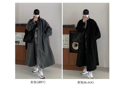 Mauroicardi Autumn Winter Long Warm Grey Black Slouchy Woolen Coat Men Single Breasted Loose Casual Wool Blends Overcoat 2023