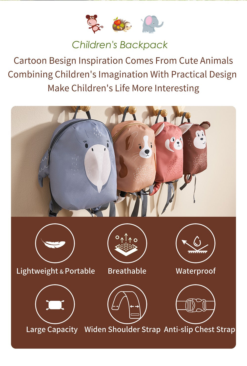 Novas mochilas infantis anti-perda com desenhos de animais fofos, mochilas escolares para meninos e meninas da pré-escola, mini bolsas escolares