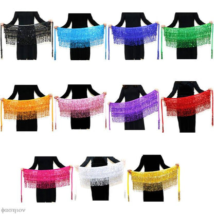 Sexy Women Belly Dance Hip Tutu Skirt Scarf Wrap Belt Glitter Sequins Tassel Hipscarf Skirt Sundress Costume Fringe Skirt Outfit