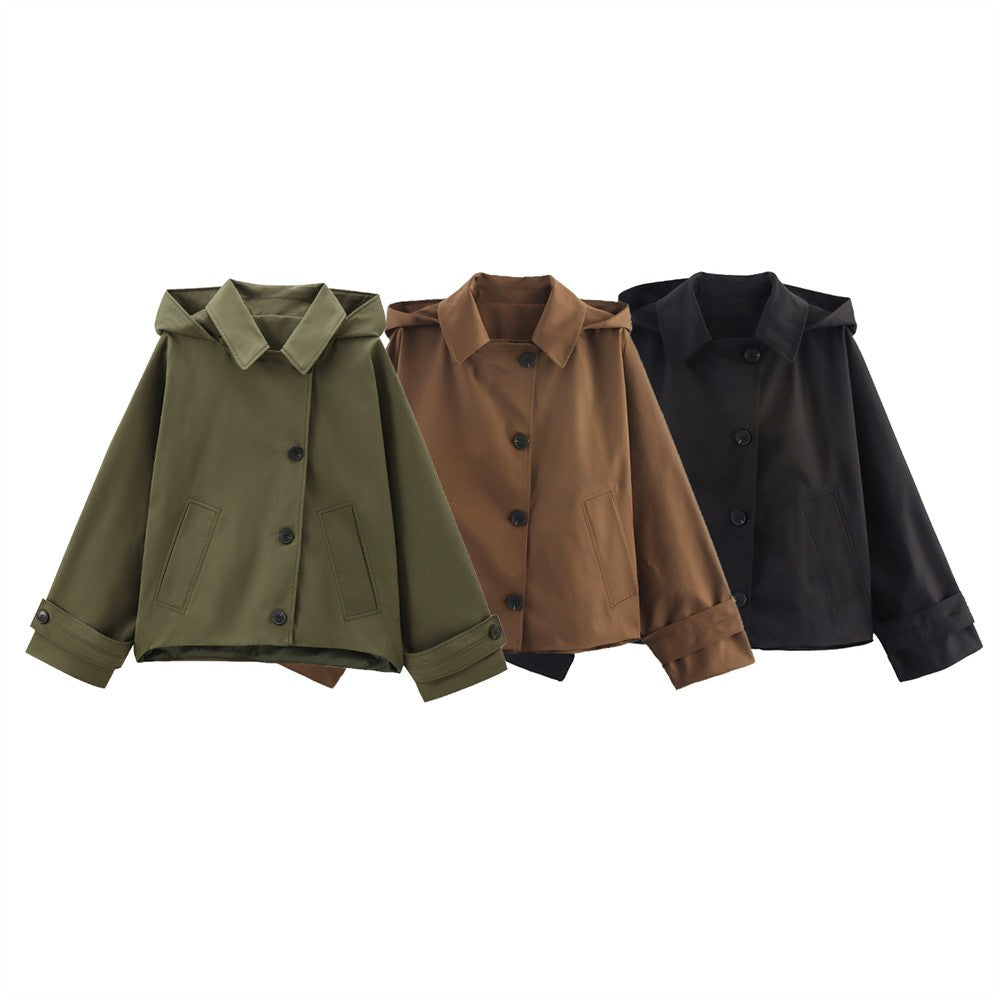 Autumn new European and American style hooded long sleeved lapel jacket single breasted trench coat short jacket