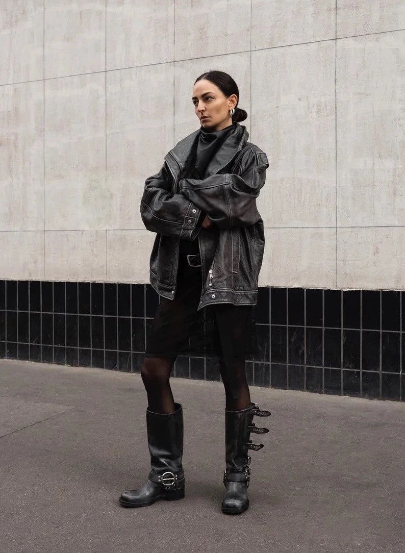 Arden Furtado 2025 Genuine Leather Platform Rivet Motorcycle boots Round toe Belt buckle Block heel mid wide calf Western boots