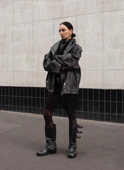 Arden Furtado 2025 Genuine Leather Platform Rivet Motorcycle boots Round toe Belt buckle Block heel mid wide calf Western boots