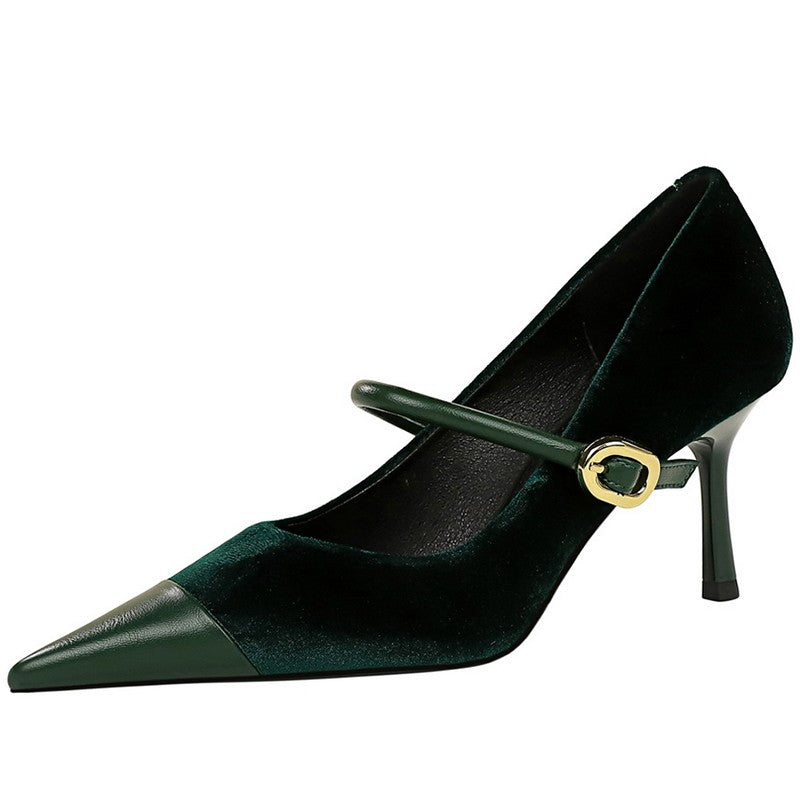 Korean Version Party 10cm 7cm High Heels Women Shoes Thin Heels Velvet Shallow Montage Pointed Toe Metal One-line Buckle Pumps