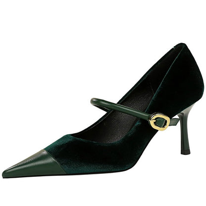 Korean Version Party 10cm 7cm High Heels Women Shoes Thin Heels Velvet Shallow Montage Pointed Toe Metal One-line Buckle Pumps