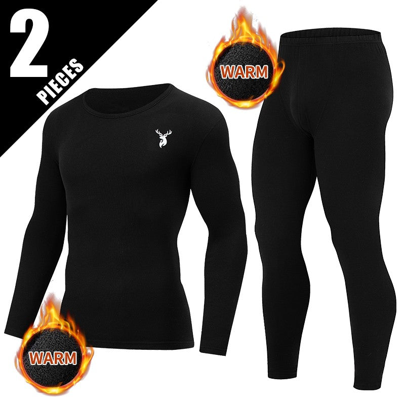 2-piece Autumn And Winter Men's Fashion Lucky Deer Pattern Solid Color Basic Warm Underwear Set Comfortable Long Sleeve Pants