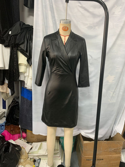 Fashionable Pure Black PU Leather Women's Dress Sexy V-neck Slim Fit Dress 2025 Autumn And Winter Temperament Commuting Vestido