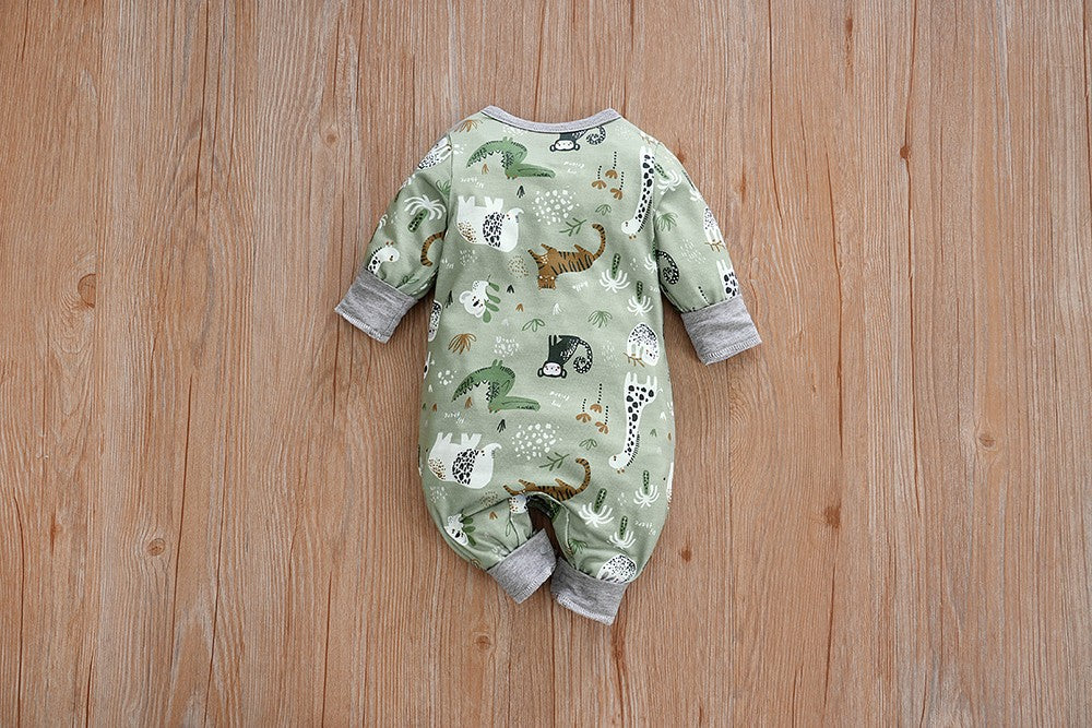 IURNXB Baby Jumpsuit Long Sleeve Boy Cute Newborn Outfit Cartoon Animal Allover Print Cardigan Infant Romper Spring Autumn 0-18M