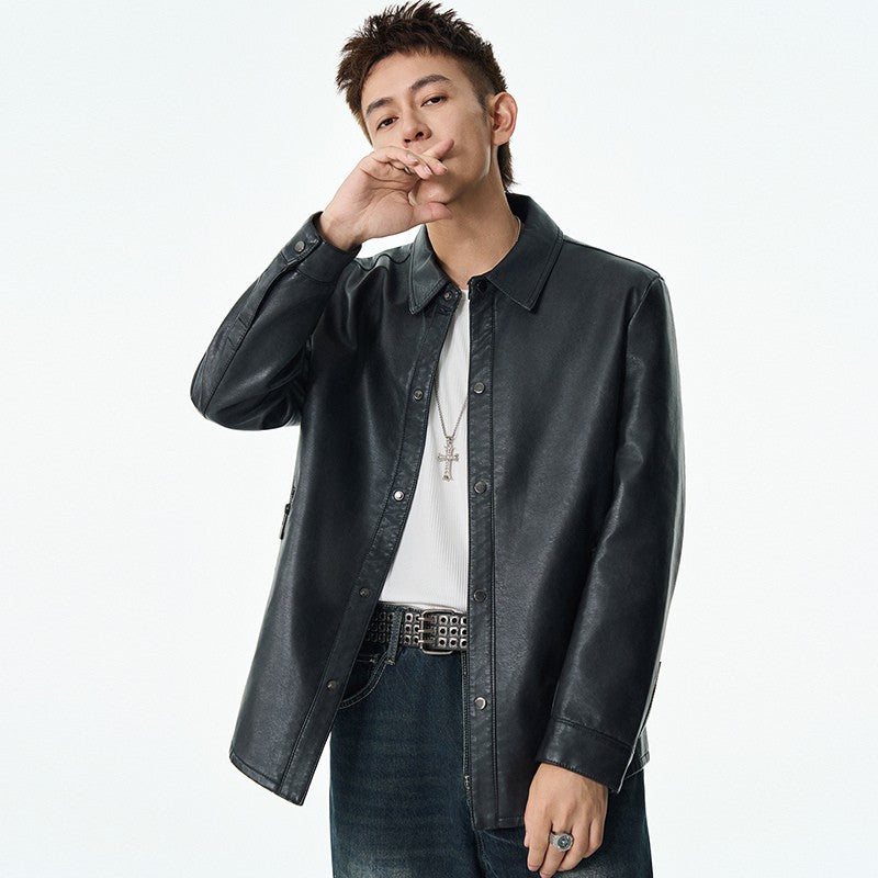 Men New Leather Jacket Men's Retro Black Classic Turn Collar Leather Jackets Trendy Cool Jacket Motorcycle Faux Leather Jacket