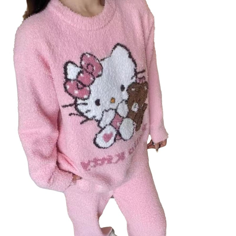 Hello Kitty Women's 2025 Kawaii Brushed Fleece Pajama Set Fall Winter Plush Thermal Cozy Sleepwear & Home Loungewear