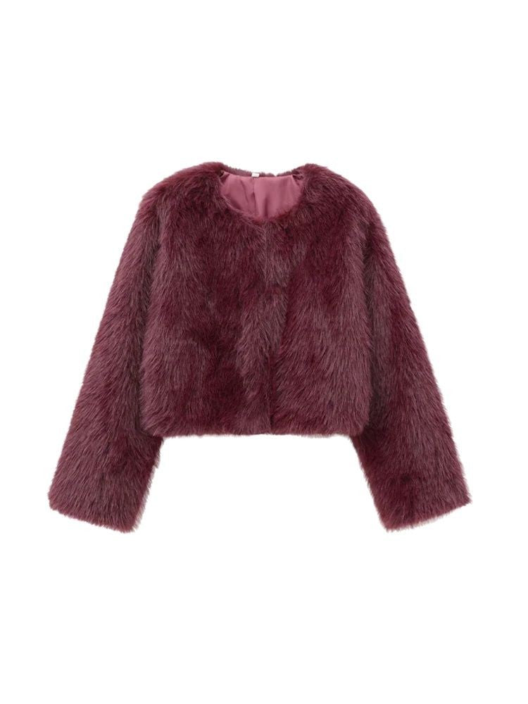 Women's Thick Warm Faux Fur Cropped Jacket, O Neck, Long Sleeve, Female Outerwear, Chic Tops, Fashion