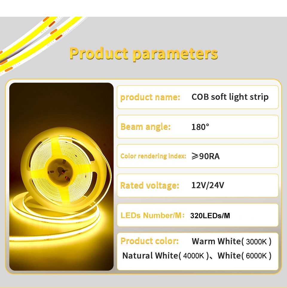 24V 12V COB LED Strip Light 8mm 320LEDs/M High Density Flexible Diode Tape Ribbon for Room Decor 1M 2M 3M 5M 10M Linear Dimmable