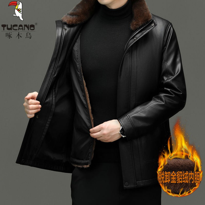 Outcoat Winter Faux Leather Jacket Detachable Golden Mink Fleece Inner Lining Top Layer Faux Deerskin One-piece Warm Men's Coat