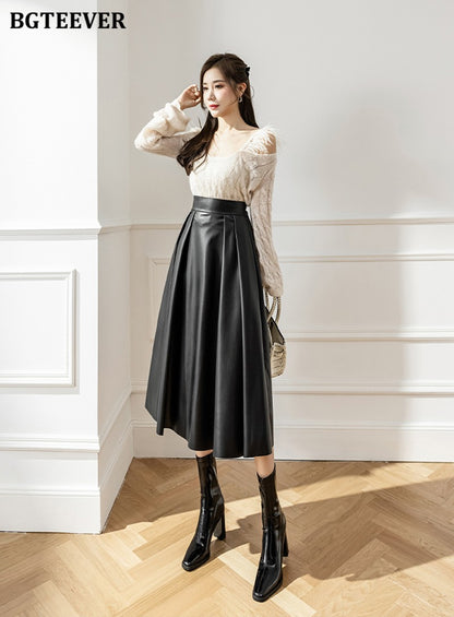 BGTEEVER Spring Autumn Loose PU Leather A-line Skirts Women Elegant High Waist Pleated Faux Leather Skirts Female