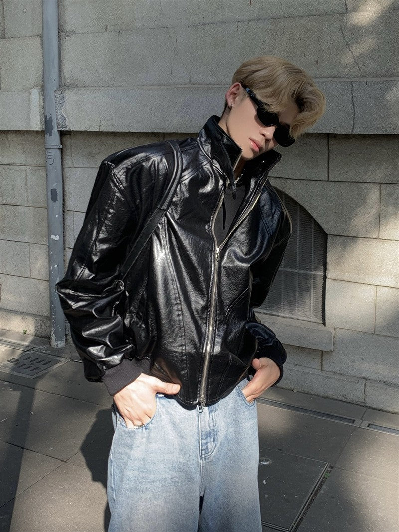 Stand Up Collar Design PU Leather Jacket Men's Retro Shoulder Pad Motorcycle Short Jacket Top