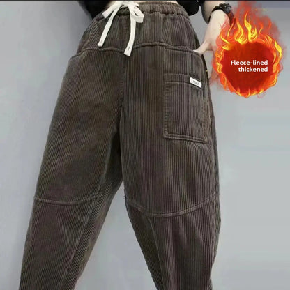 Thickened Fleece Lined Corduroy Harlan Pants Winter New Fashion Long Trousers Elastic Waist Loose Versatile Trendy Women's Cloth