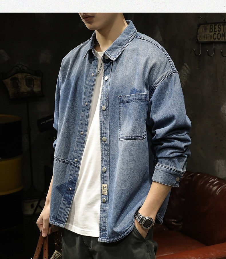 American Sle Heavyweight Men's Denim irt Loose Workwear Jaet Casual Long Sve Breathable Moisture ng Pure Color