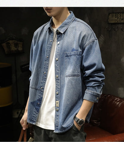 American Sle Heavyweight Men's Denim irt Loose Workwear Jaet Casual Long Sve Breathable Moisture ng Pure Color