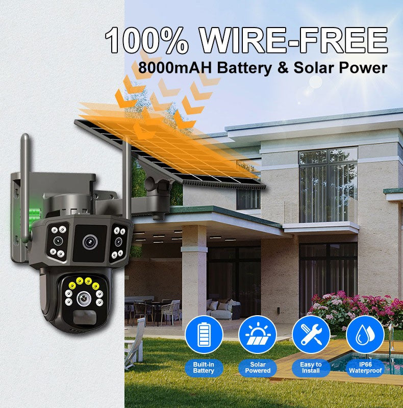 Câmera de segurança externa sem fio WIFI solar V380 Pro 10X 4K de lente dupla, CFTV solar, câmeras solares 4G sim