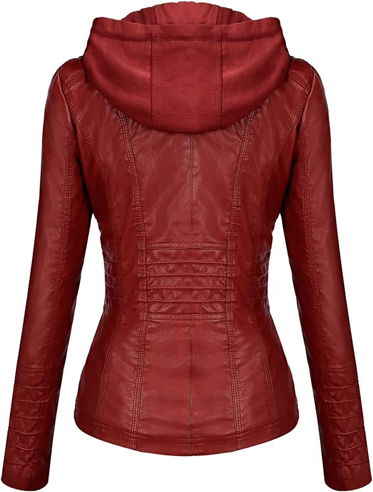 Hooded Leather Jacket Two-Piece Set Removable Large Size Leather Jacket for Women Spring & Fall Outwear for Women Pu Washed Leather