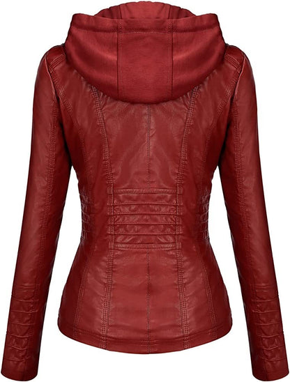 Hooded Leather Jacket Two-Piece Set Removable Large Size Leather Jacket for Women Spring & Fall Outwear for Women Pu Washed Leather