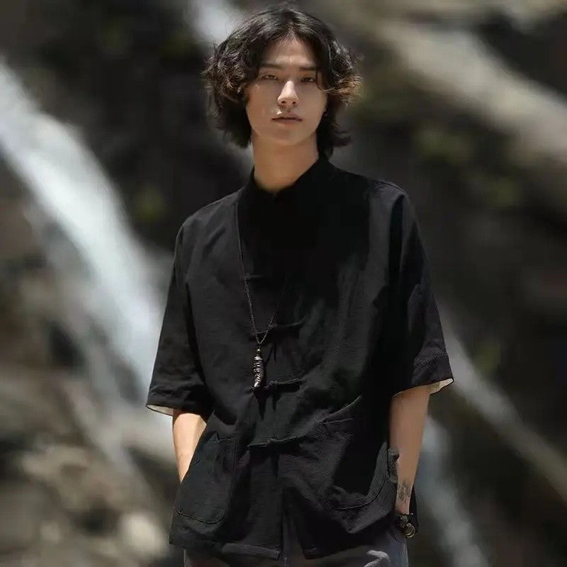 Chinese Style Linen Shirt with Button Design Cotton Linen Spring Autumn New Style Men's Retro Shirt Casual Summer Top