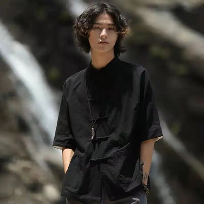 Chinese Style Linen Shirt with Button Design Cotton Linen Spring Autumn New Style Men's Retro Shirt Casual Summer Top