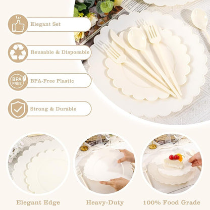 150 Pcs Ivory Plastic Plates for Party Disposable Heavy Duty Thanksgiving Plates Ivory Plastic Dinnerware Sets for 30 Guests - 6