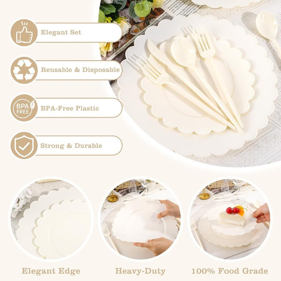 150 Pcs Ivory Plastic Plates for Party Disposable Heavy Duty Thanksgiving Plates Ivory Plastic Dinnerware Sets for 30 Guests - 6