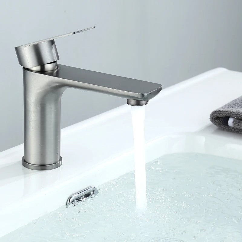 Brushed/Gray Bathroom Sink Faucet Hot and Cold Mixer Faucet Countertop Mount 304 Stainless Steel Single Handle