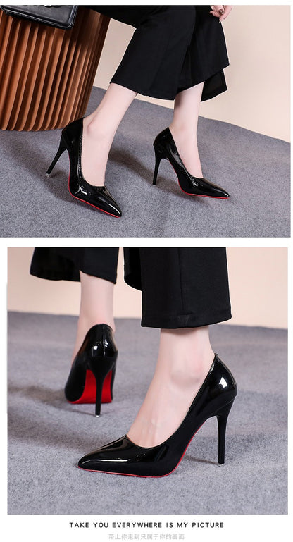Sapatos de Salto Agulha Bico Fino de Couro Sintético Envernizado Sensuais, Sola Vermelha para Festa, Sapatos de Trabalho Pretos Clássicos para Meninas com Temperamento