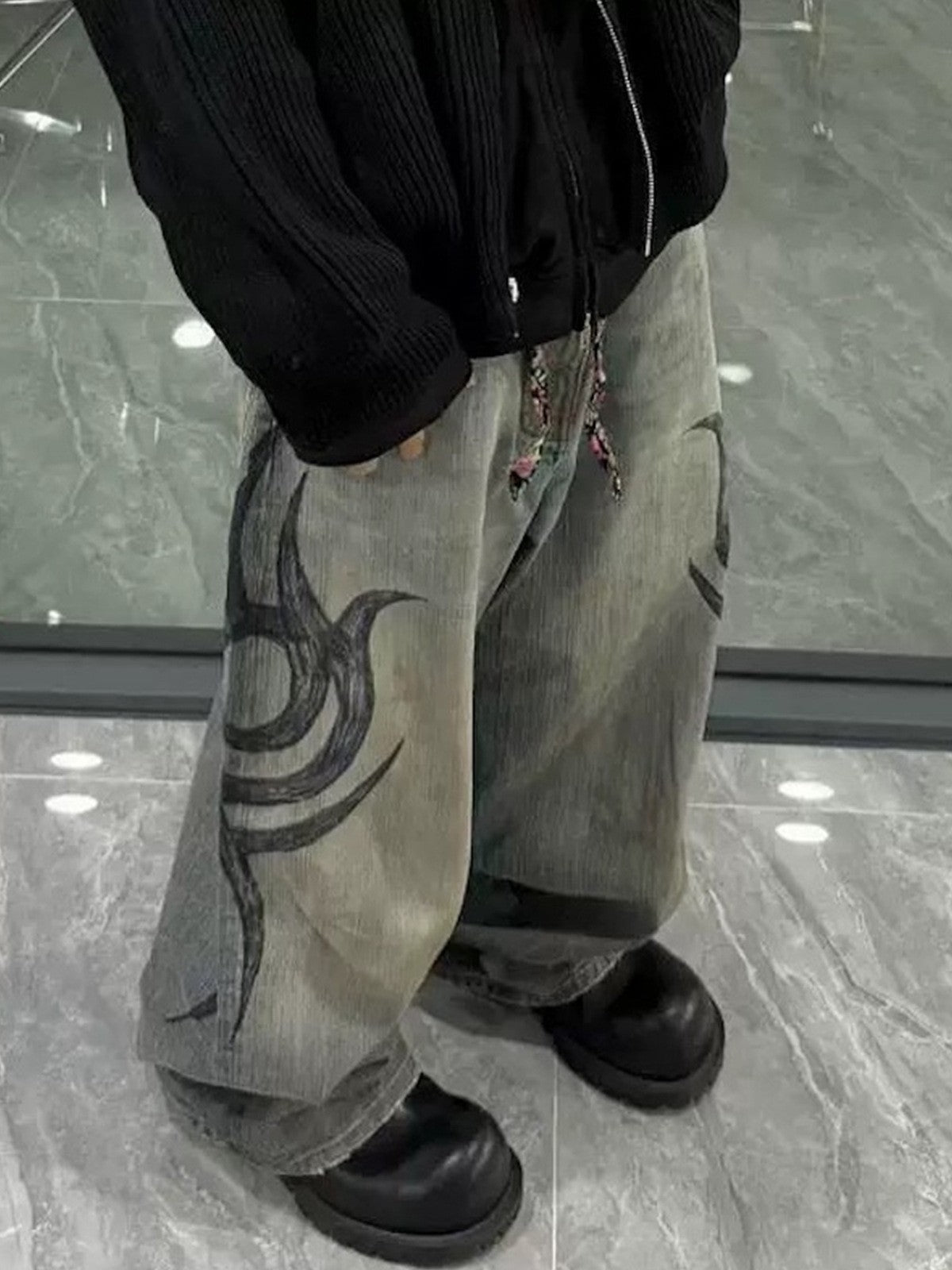 MIJKO New Retro Dragon Pattern Totem Print Bamboo Baggy Drawstring Washed Jeans For Men Women Denim Pants ZJ083