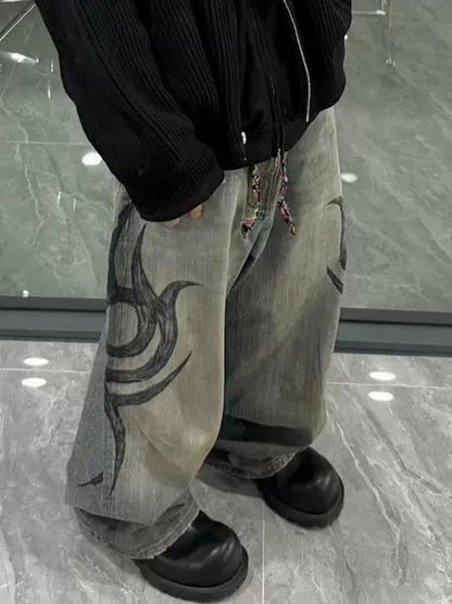 MIJKO New Retro Dragon Pattern Totem Print Bamboo Baggy Drawstring Washed Jeans For Men Women Denim Pants ZJ083