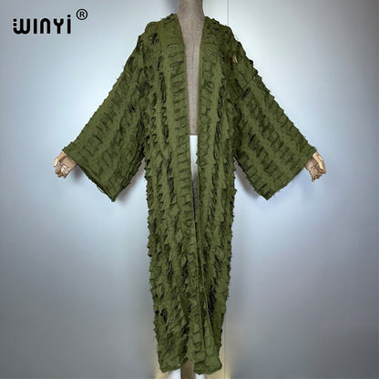 WINYI new maxi kimono coat for women OverCoat hole denim cardigan long down coat cover up beach outfits woman abaya dubai luxury