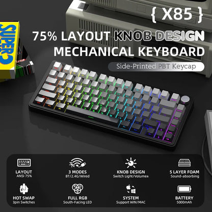 Teclado Mecânico Attack Shark X85 Bluetooth, RGB, Tri-modo 2.4G, Botões de metal, Hot-swap de todas as teclas, compatível com Win&Mac