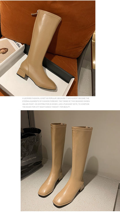 Women Black High Heel Long Boots Fashion Spring Autumn Warm Knee High Boots Soft Leather Thigh High Boots Shoes Zipper