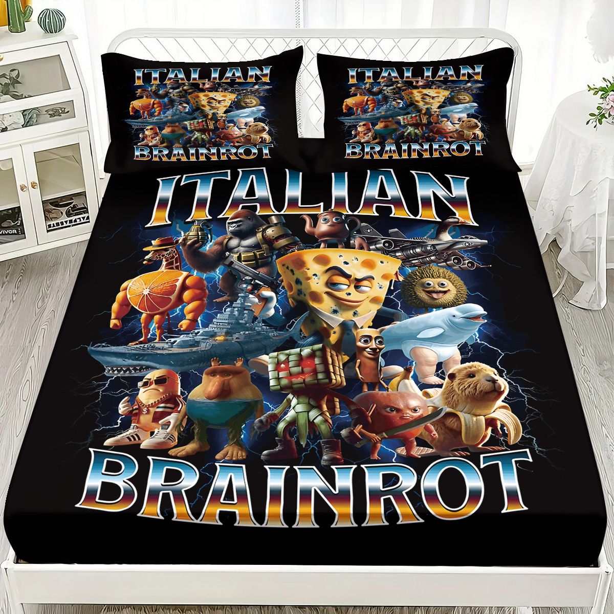 Cartoon ai Brainrot Tung Tung Sahur Team Fitted Sheet Print coreless Fitted Sheet Set Soft Bedspread Bedroom Bedding Decoration