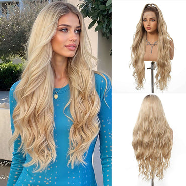 HENRY MARGU Mixed Brown Wavy Lace Front Wig Long Body Wavy Synthetic Natural Wig 13x4 Lace Frontal Fake Hair for Women Dark Root