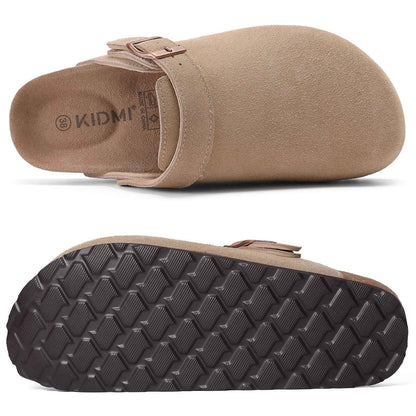 Comwarm Cow Suede Women Clogs With Adjustable Buckle Cork Footbed Leather Mules Comfort Slip on Women Slippers Summer Cork Clogs