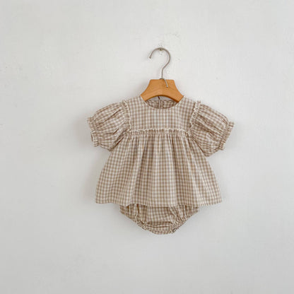 Girls Summer Fashion Set Children's Embroidered Grid Puff Sleeve Top+Shorts Two Piece Cute Baby Girls Clothes Set Baby Clothes