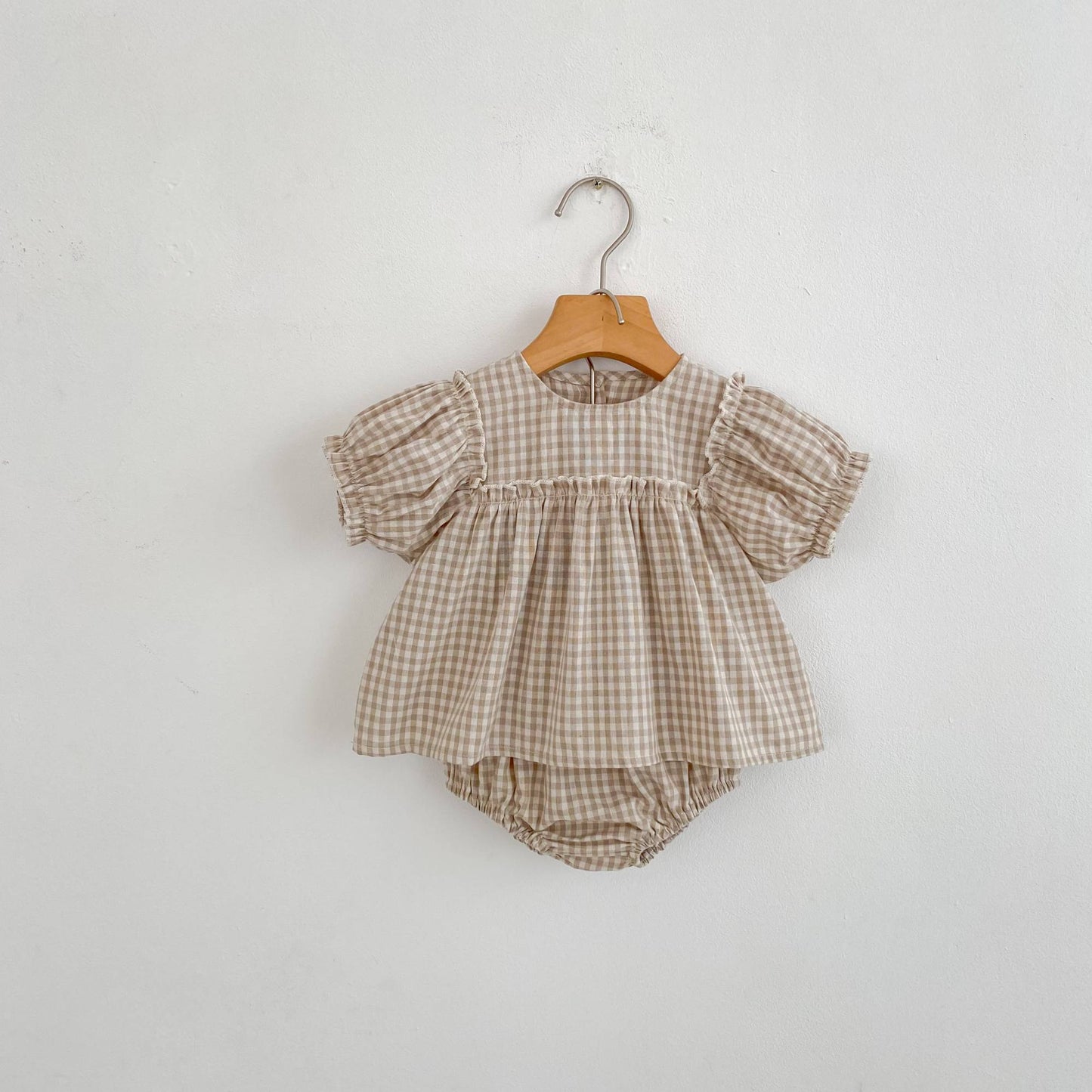 Girls Summer Fashion Set Children's Embroidered Grid Puff Sleeve Top+Shorts Two Piece Cute Baby Girls Clothes Set Baby Clothes